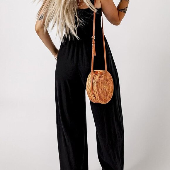 Women's Casual Loose Overalls Jumpsuits One Piece Sleeveless Wide Leg Long Pant - Picture 4 of 4